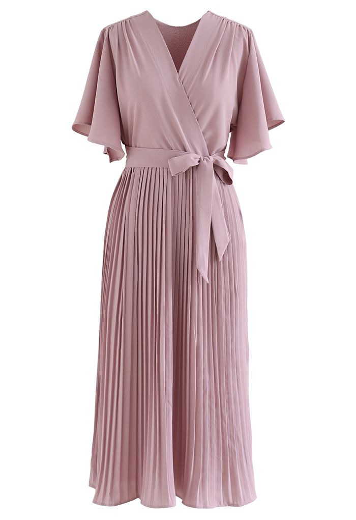 Faux Wrap Tie Waist Pleated Midi Dress in Dusty Pink - Retro, Indie and ...