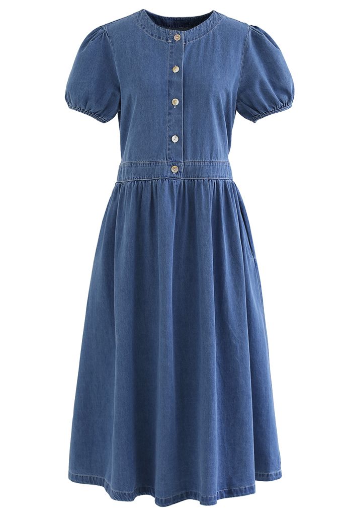 Short Sleeve Buttons Front Denim Dress in Blue