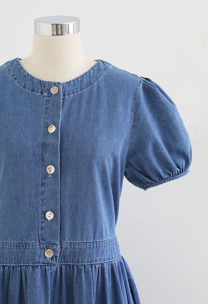 Short Sleeve Buttons Front Denim Dress in Blue