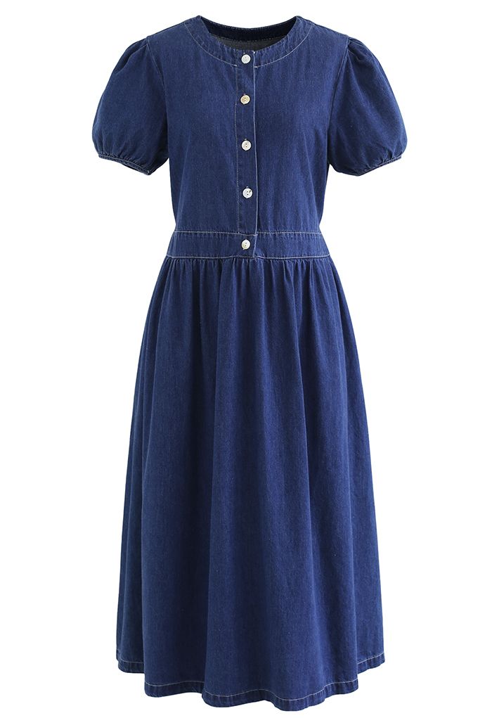 Short Sleeve Buttons Front Denim Dress in Navy - Retro, Indie and ...