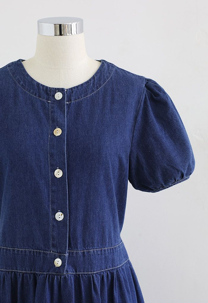 Short Sleeve Buttons Front Denim Dress in Navy