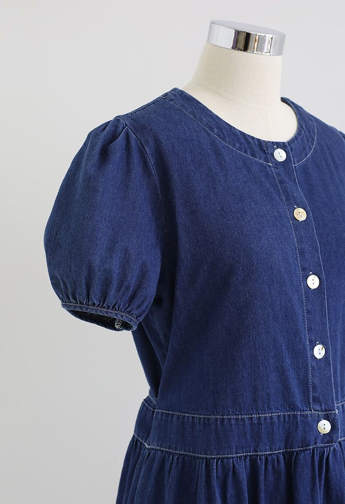 Short Sleeve Buttons Front Denim Dress in Navy