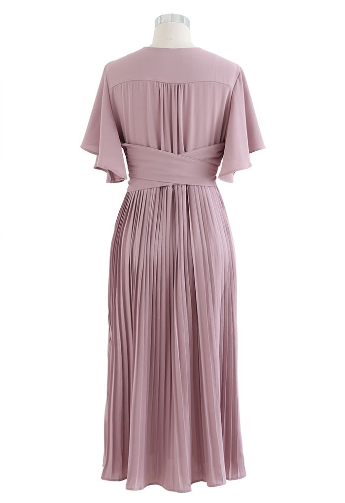 Faux Wrap Tie Waist Pleated Midi Dress in Dusty Pink