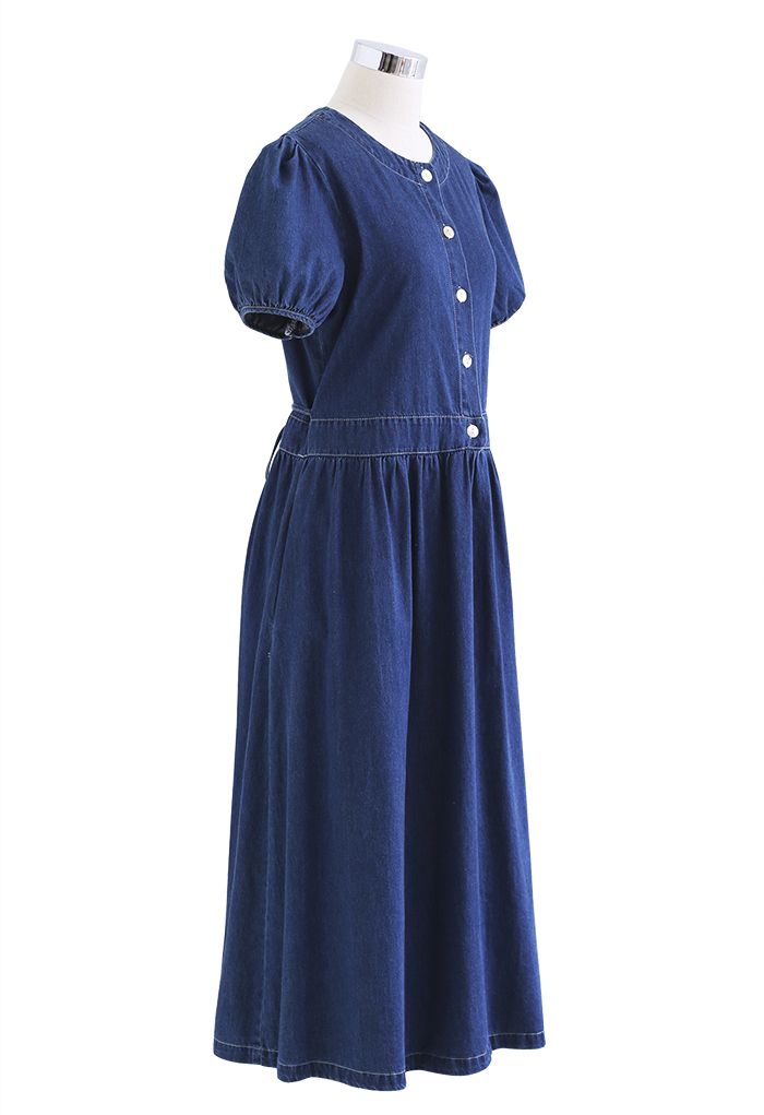 Short Sleeve Buttons Front Denim Dress in Navy