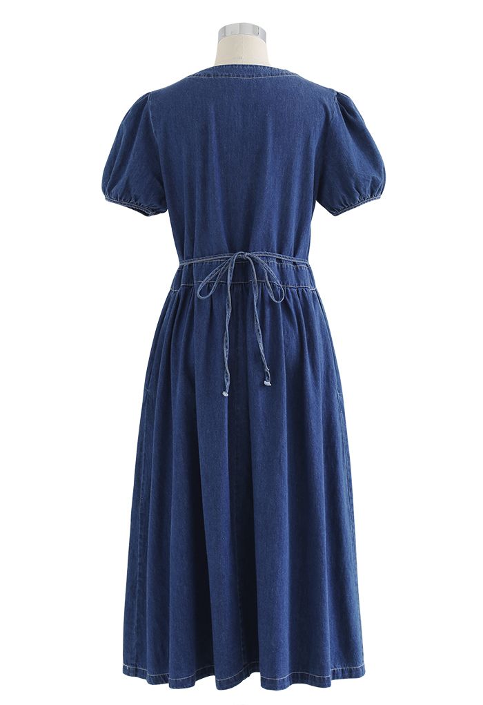 Short Sleeve Buttons Front Denim Dress in Navy - Retro, Indie and ...