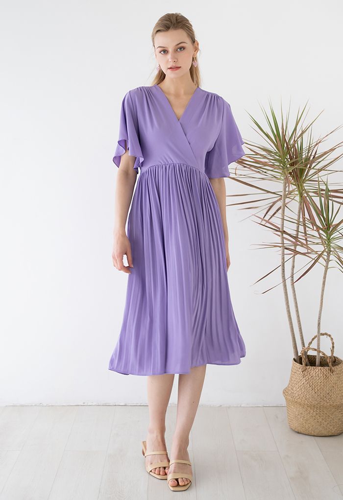 Faux Wrap Tie Waist Pleated Midi Dress in Lilac - Retro, Indie and ...