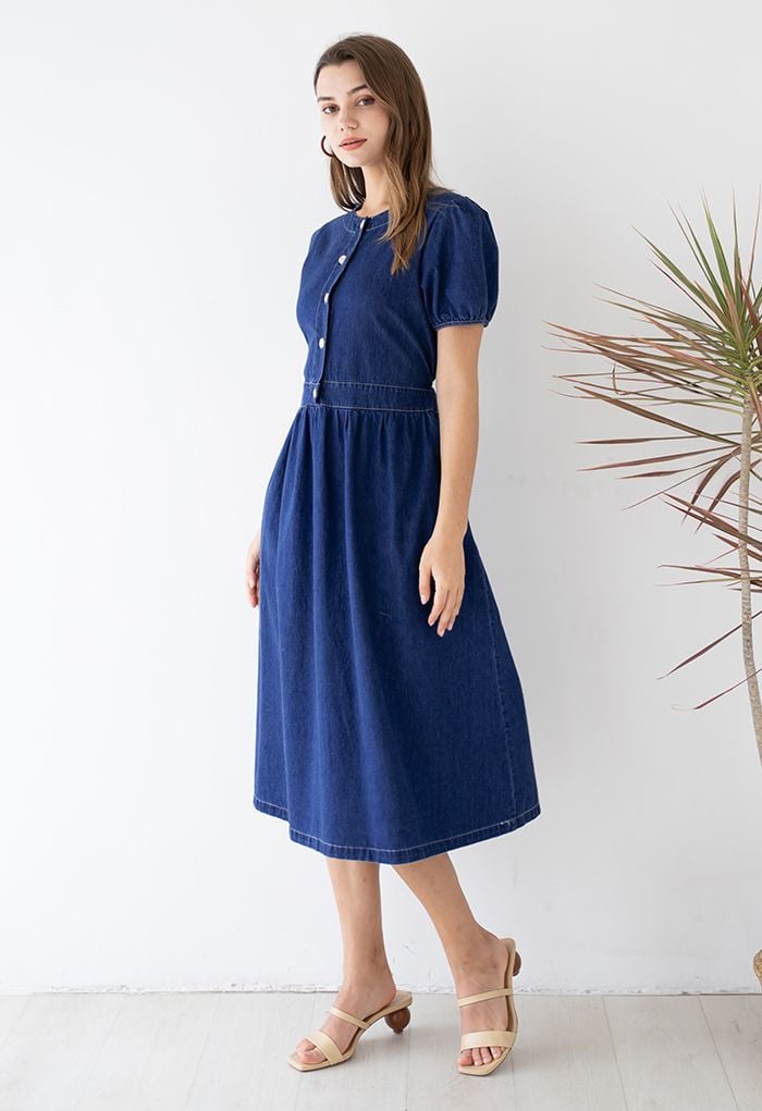 Short Sleeve Buttons Front Denim Dress in Navy