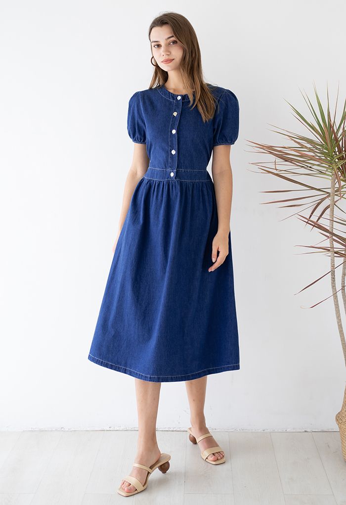 Short Sleeve Buttons Front Denim Dress in Navy