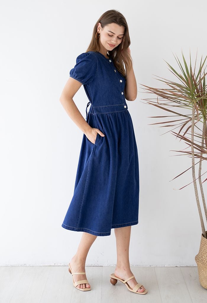 Short Sleeve Buttons Front Denim Dress in Navy