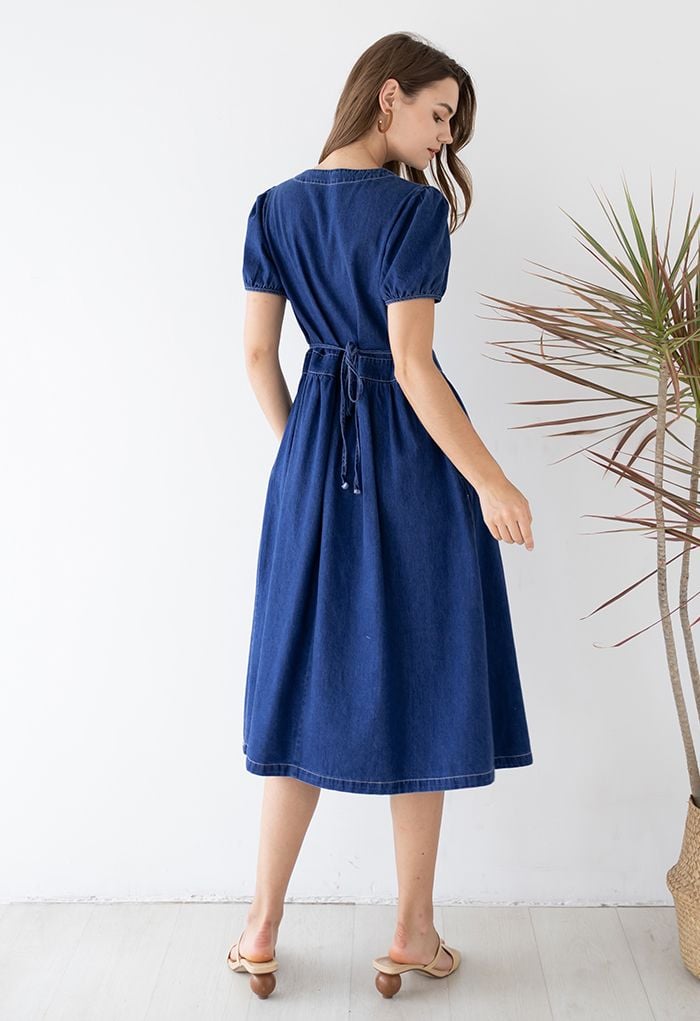 Short Sleeve Buttons Front Denim Dress in Navy