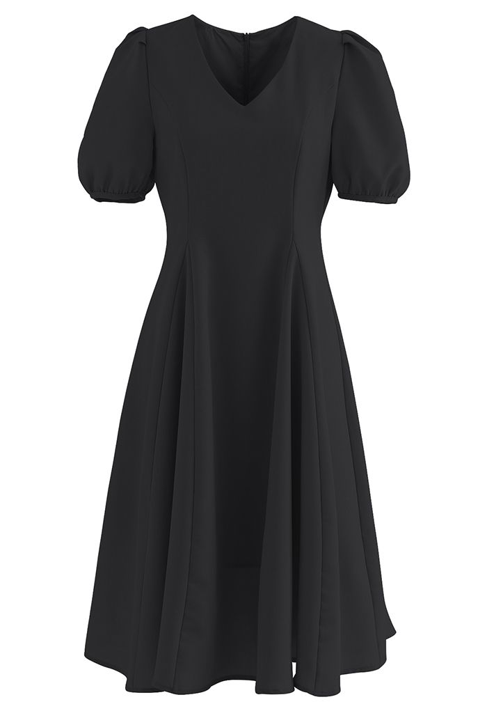 V-Neck Short Sleeve Panelled Midi Dress in Black - Retro, Indie and ...