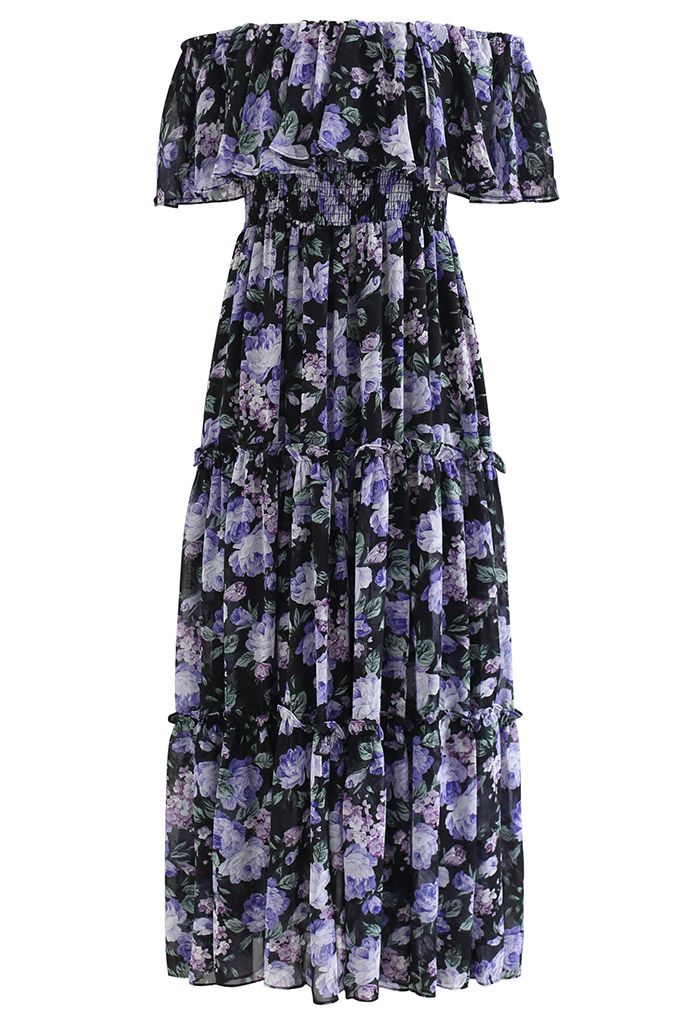 Blossom Lacy Off-Shoulder Chiffon Midi Dress in Purple