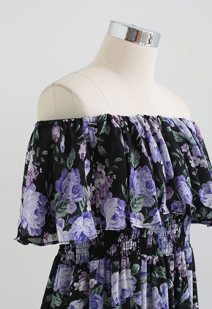 Blossom Lacy Off-Shoulder Chiffon Midi Dress in Purple