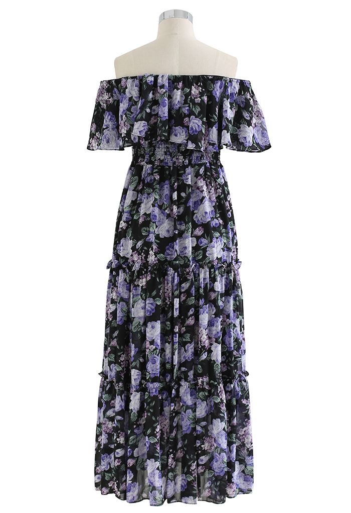 Blossom Lacy Off-Shoulder Chiffon Midi Dress in Purple