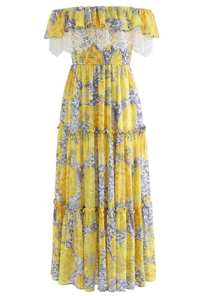 Blossom Lacy Off-Shoulder Shimmery Dot Midi Dress in Yellow - Retro ...