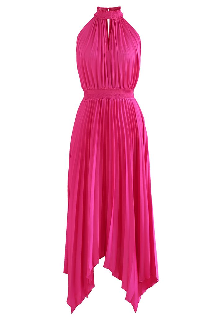 Halter Neck Pleated Asymmetric Maxi Dress in Magenta