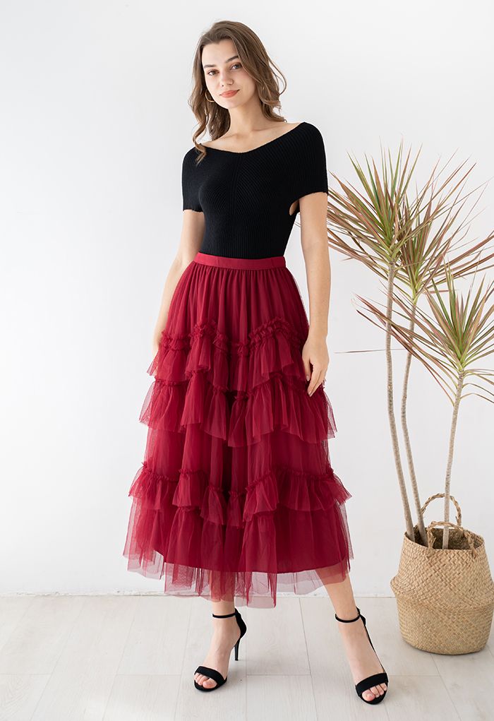 Exquisite Tiered Ruffle Mesh Tulle Skirt in Red - Retro, Indie and