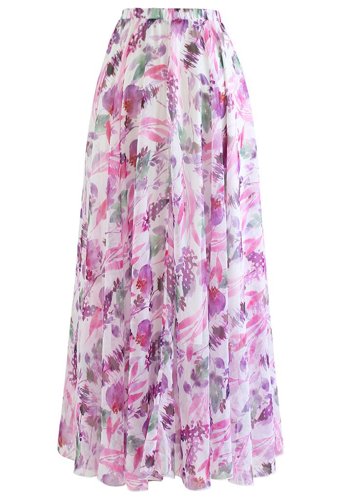 Plum Floral Watercolor Chiffon Maxi Skirt - Retro, Indie and Unique Fashion