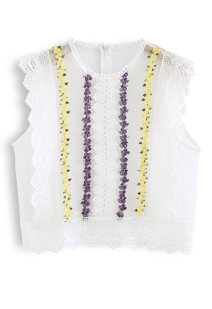 Contrast Floret Crochet Lace Sleeveless Top in White