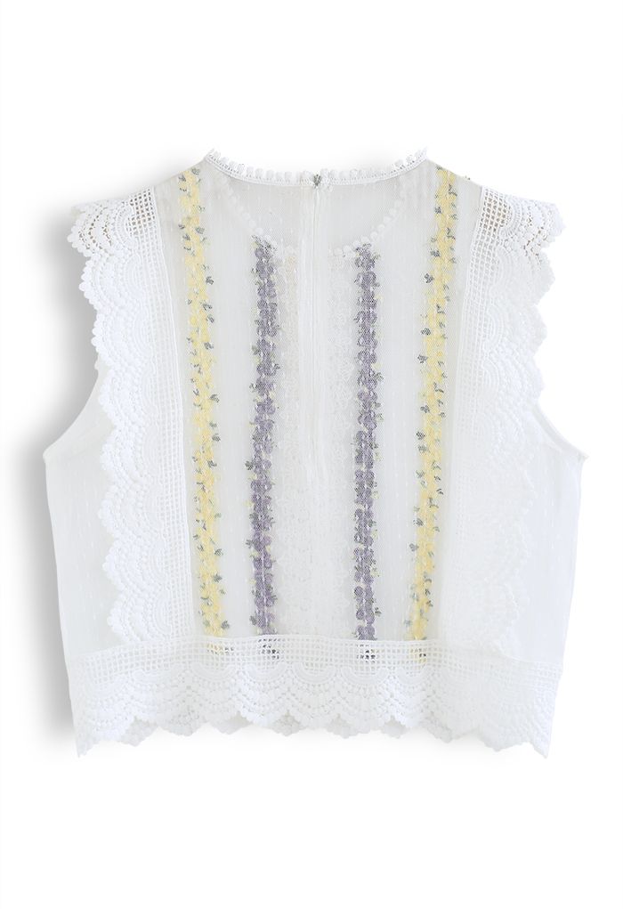 Contrast Floret Crochet Lace Sleeveless Top in White