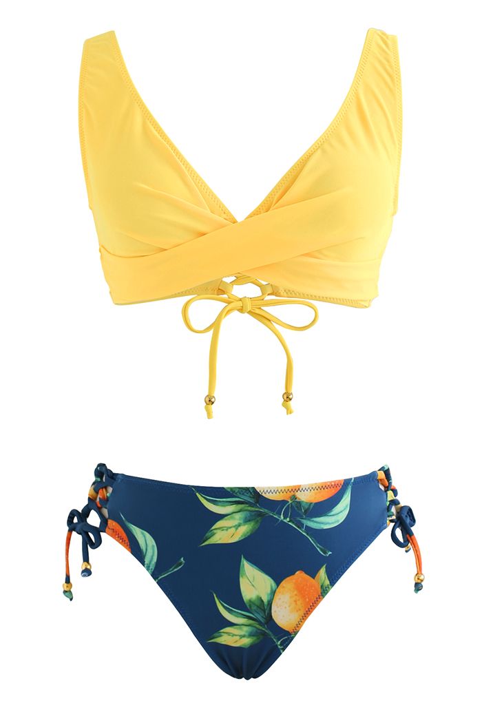 Front Cross Lace Up Bikini Set in Yellow - Retro, Indie and Unique Fashion