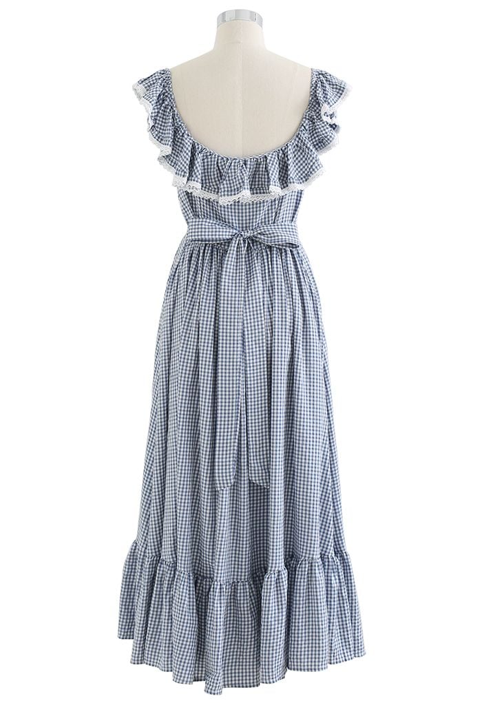 Gingham Ruffled Shoulder Frilling Dress in Blue