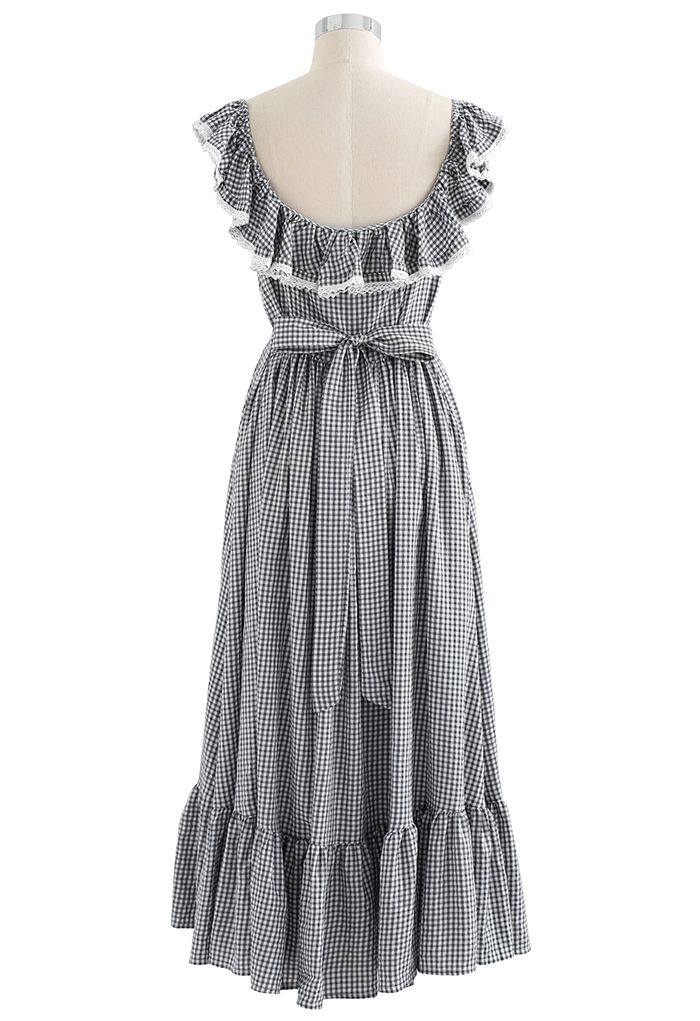 Gingham Ruffled Shoulder Frilling Dress in Black