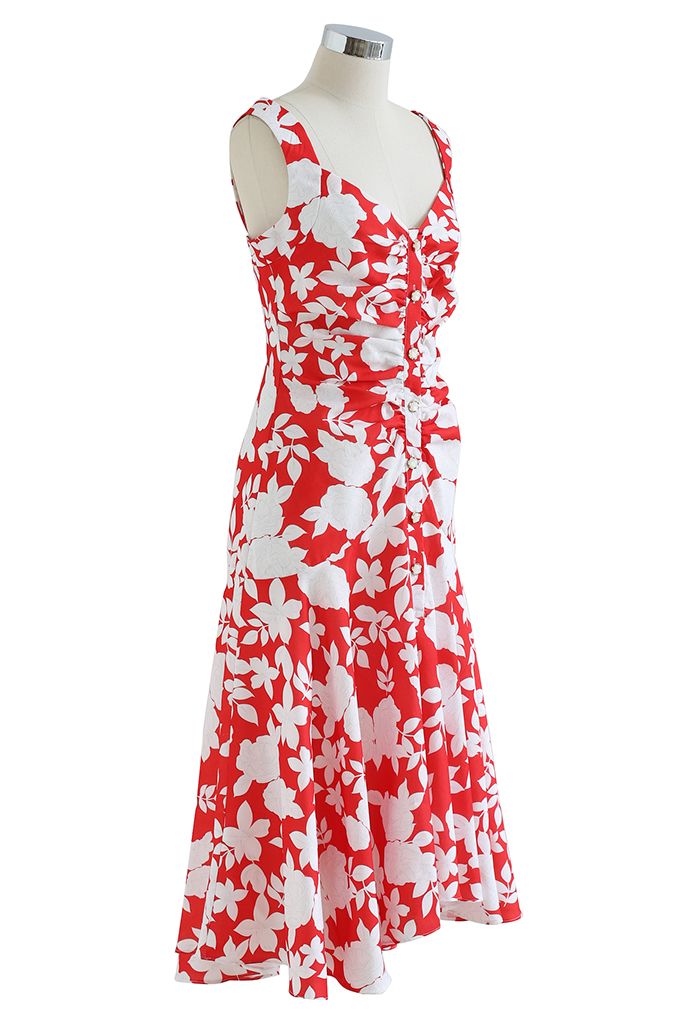 White Floral Button Ruched Asymmetric Cami Dress