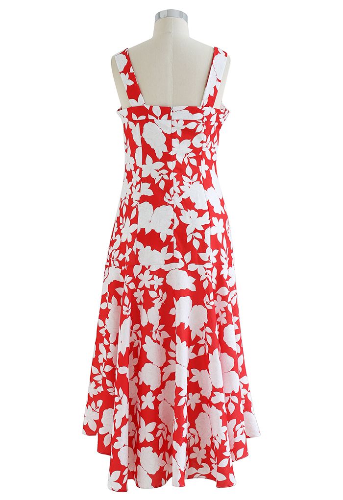 White Floral Button Ruched Asymmetric Cami Dress