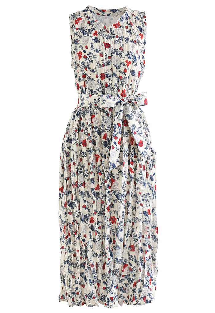 Sacred Floral Sleeveless Button Down Dress in Cream