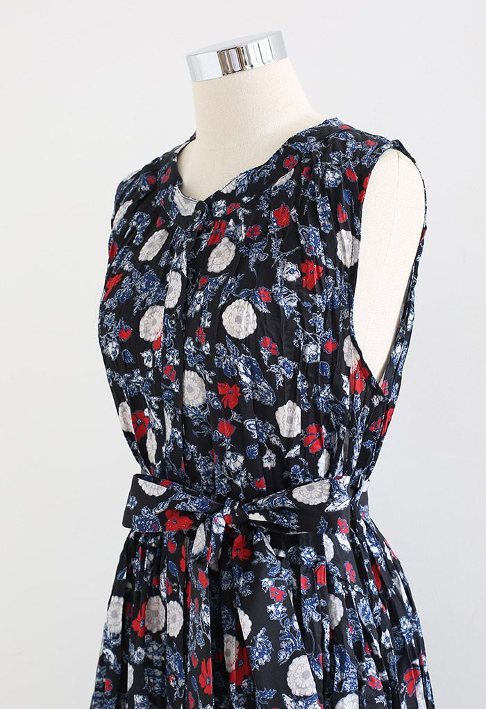 Sacred Floral Sleeveless Button Down Dress in Black