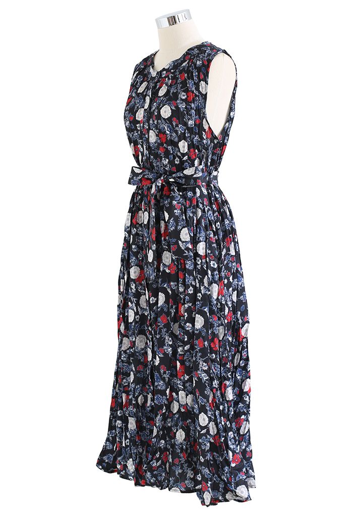 Sacred Floral Sleeveless Button Down Dress in Black