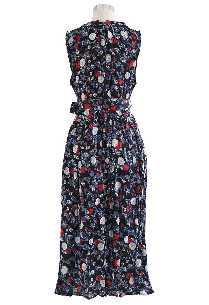 Sacred Floral Sleeveless Button Down Dress in Black