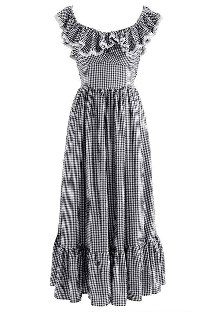 Gingham Ruffled Shoulder Frilling Dress in Black