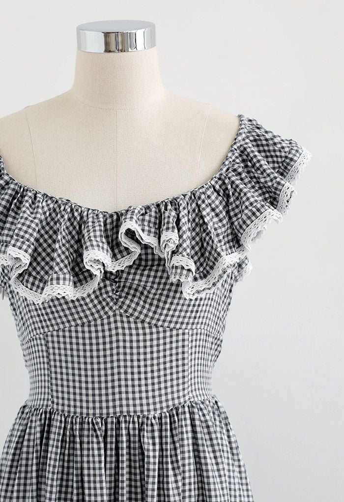 Gingham Ruffled Shoulder Frilling Dress in Black