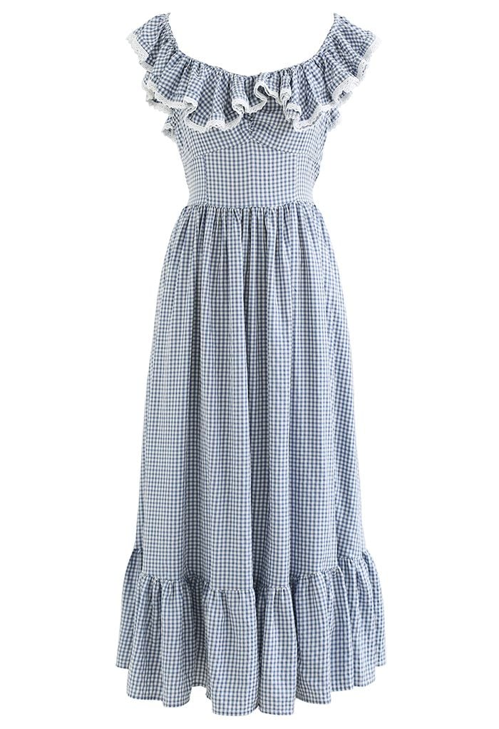 Gingham Ruffled Shoulder Frilling Dress in Blue