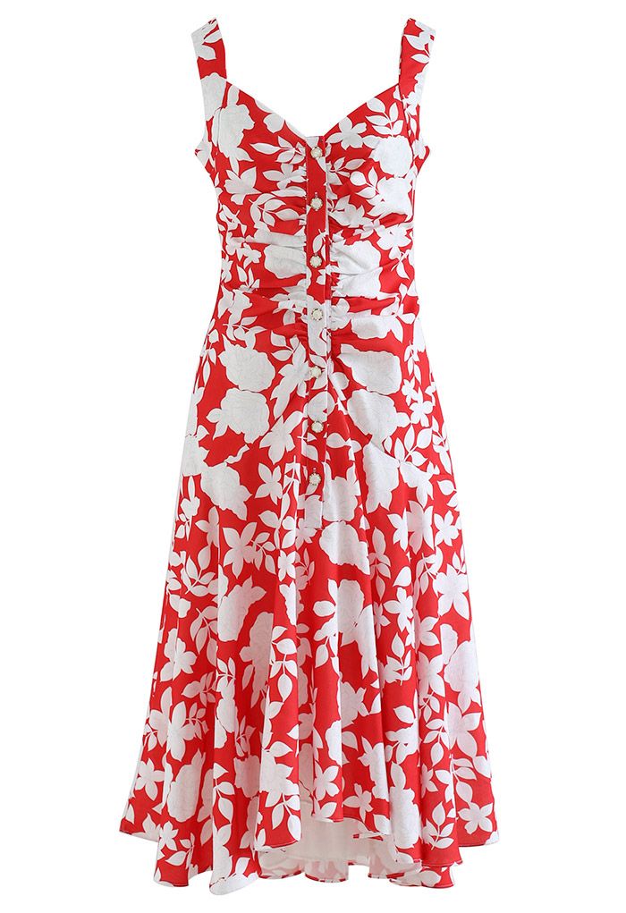 White Floral Button Ruched Asymmetric Cami Dress