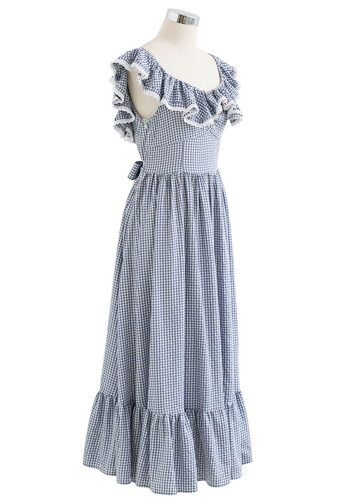 Gingham Ruffled Shoulder Frilling Dress in Blue