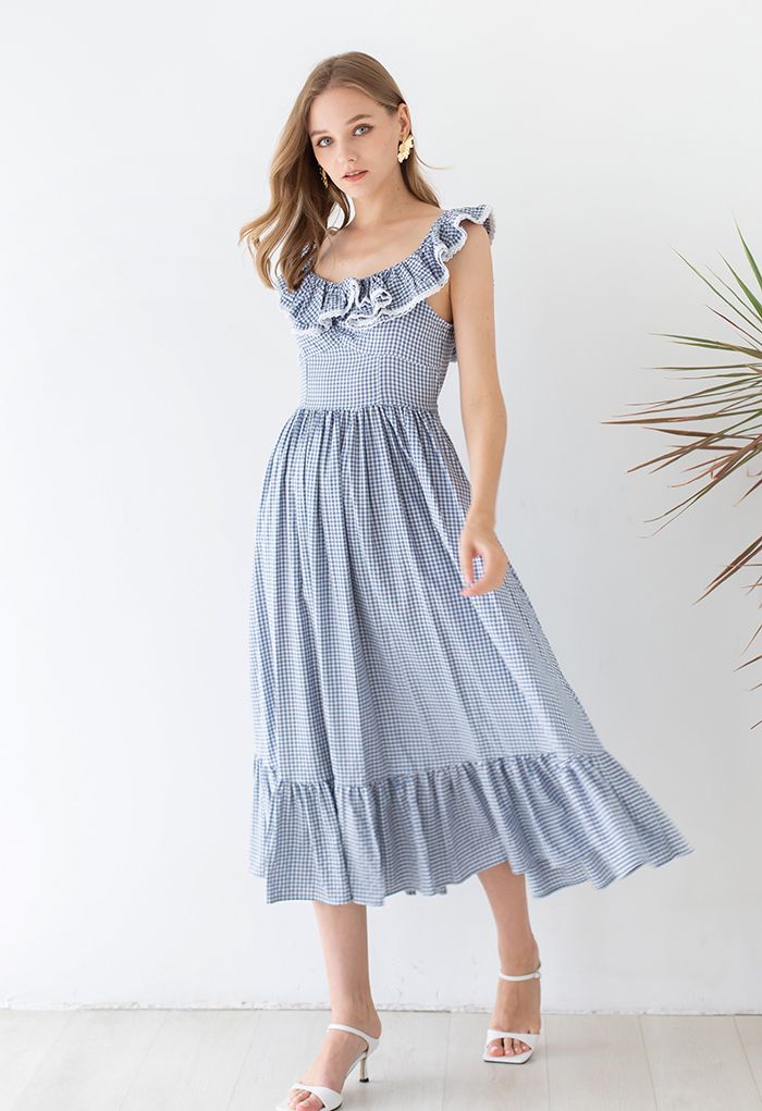 Gingham Ruffled Shoulder Frilling Dress in Blue