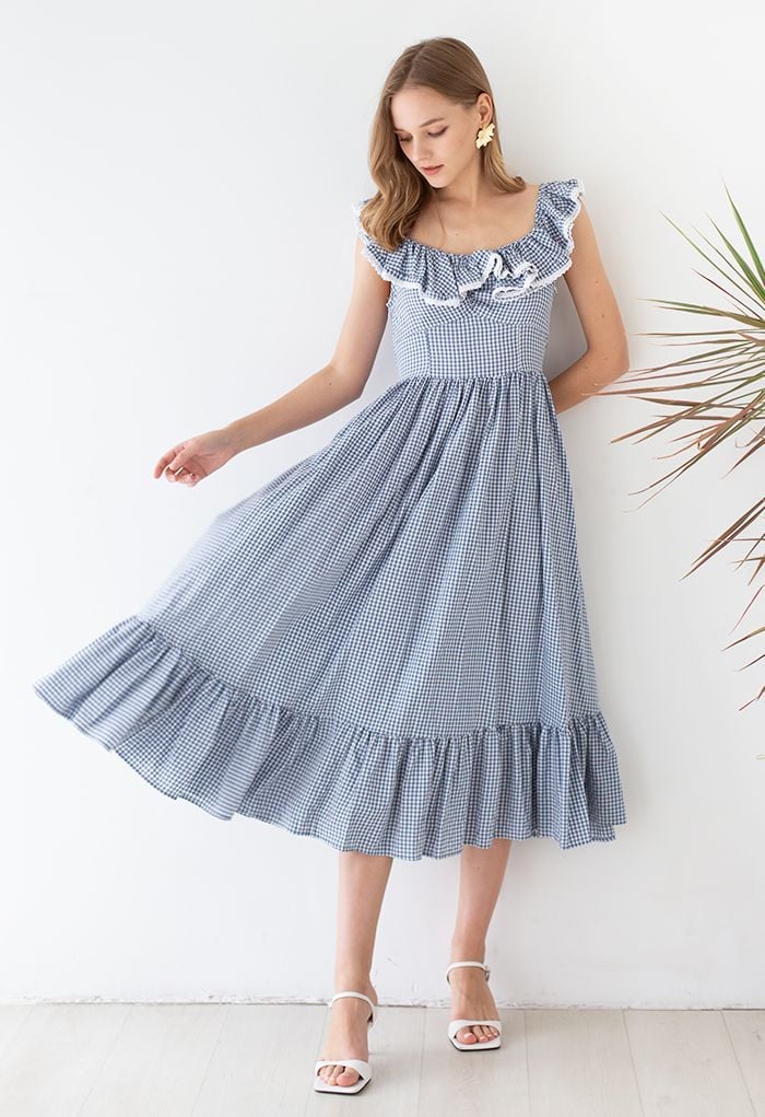 Gingham Ruffled Shoulder Frilling Dress in Blue