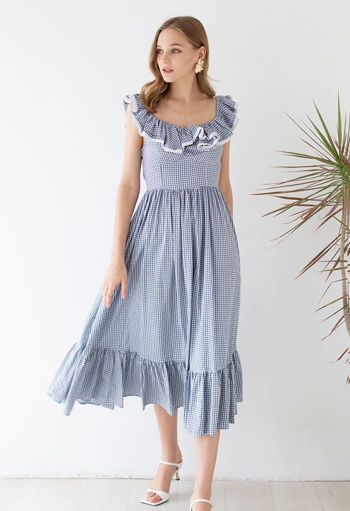 Gingham Ruffled Shoulder Frilling Dress in Blue