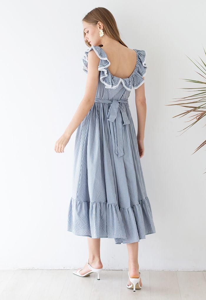 Gingham Ruffled Shoulder Frilling Dress in Blue