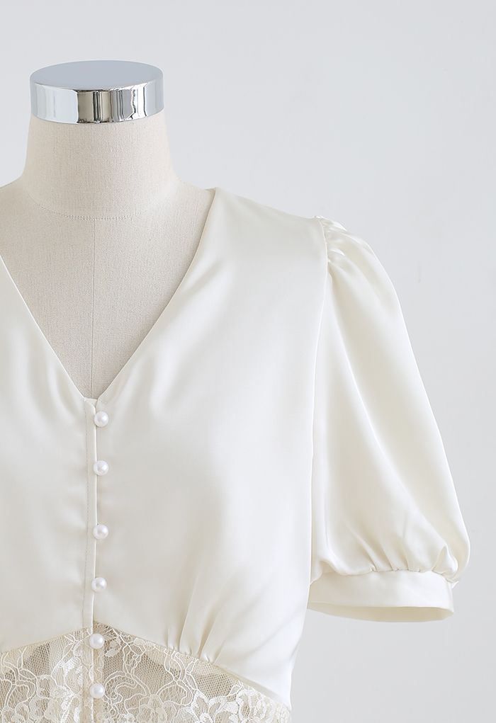 Lacy Waist V-Neck Satin Top in Pearl White