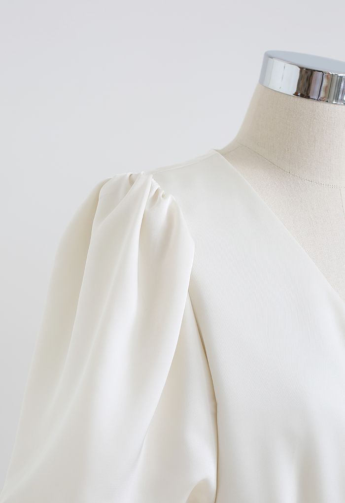 Lacy Waist V-Neck Satin Top in Pearl White