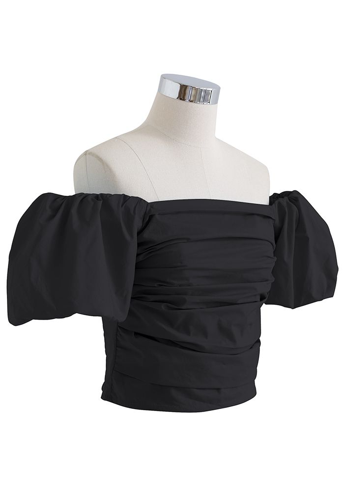 Puff Sleeve Off-Shoulder Cotton Crop Top in Black