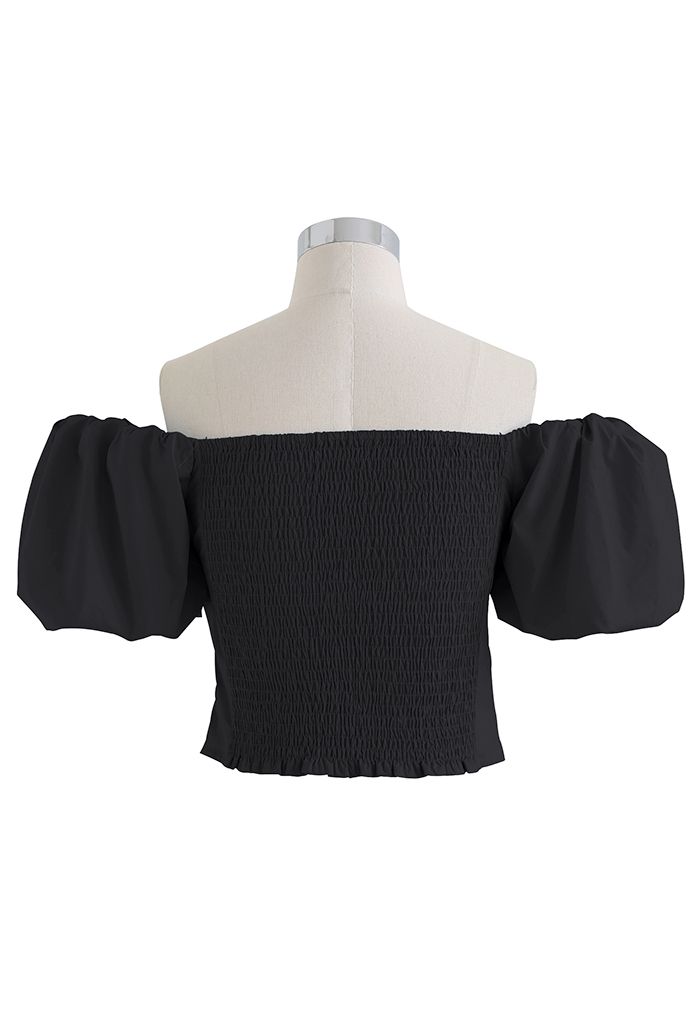 Puff Sleeve Off-Shoulder Cotton Crop Top in Black - Retro, Indie and ...