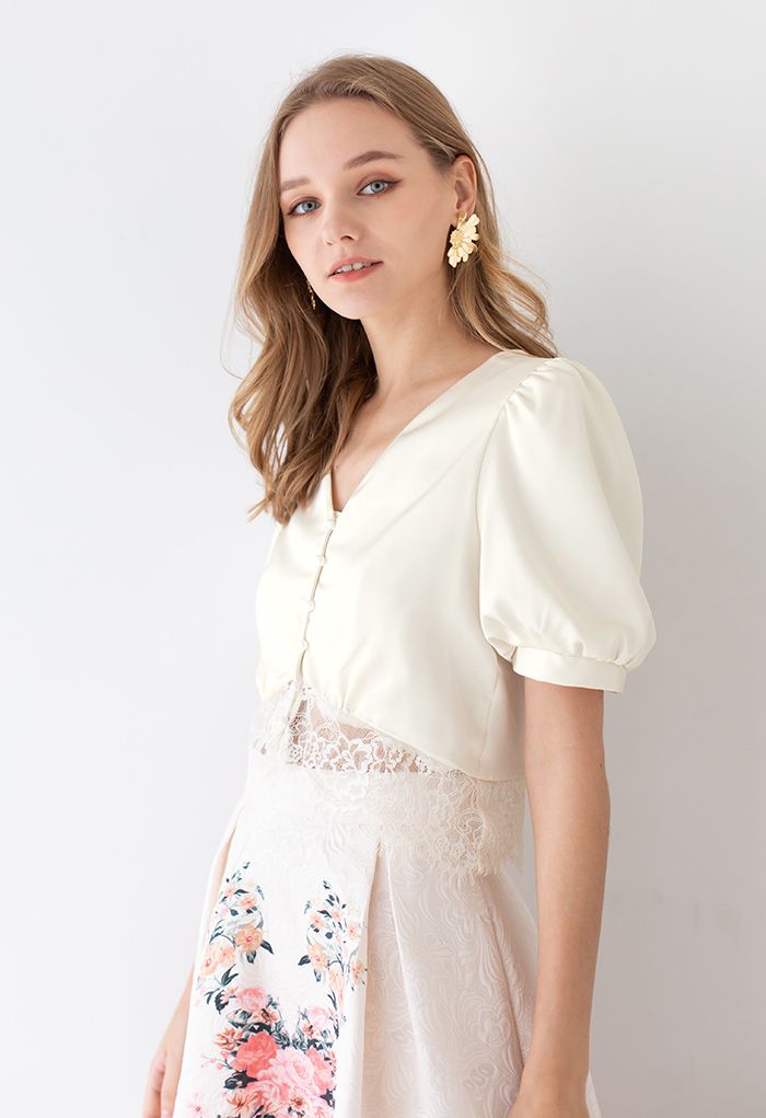 Lacy Waist V-Neck Satin Top in Pearl White