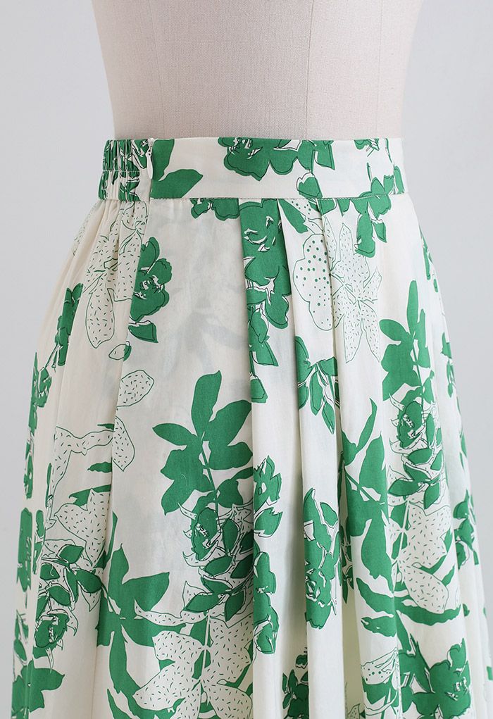 Green Floral Side Pocket Cotton Midi Skirt - Retro, Indie and Unique ...