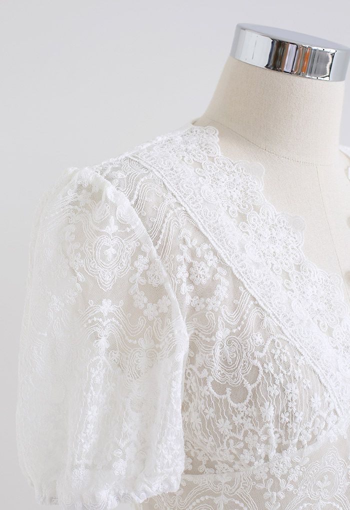 Full Delicate Embroidery Buttoned Mesh Top in White - Retro, Indie and ...
