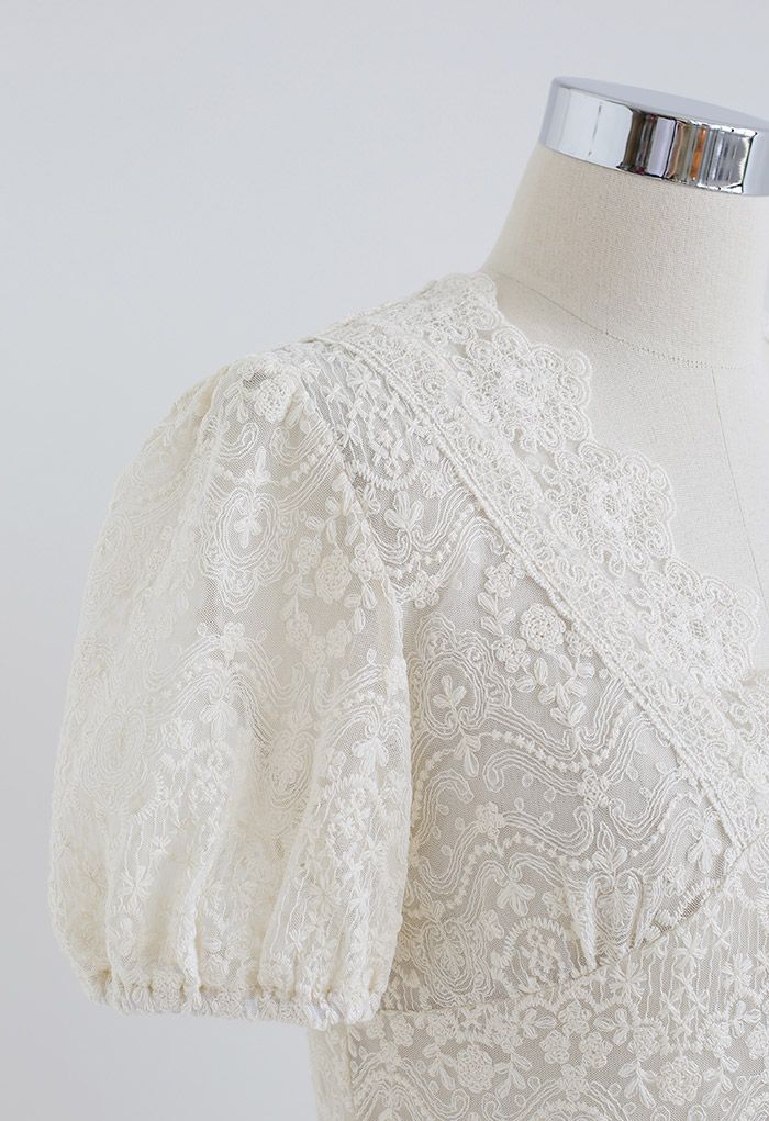 Full Delicate Embroidery Buttoned Mesh Top in Cream - Retro, Indie and ...